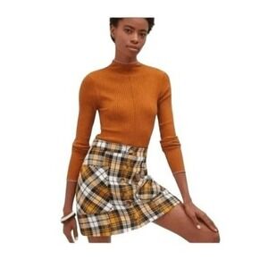 Maeve Anthropologie‎ Clueless Mini Skirt Yellow Black White Tartan Plaid Knit Sz
